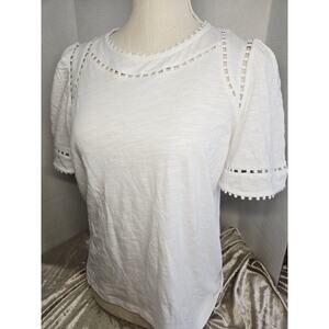 Boden Mila Lace Trim Boho Top 6 White Crop Puffed Sleeve Indie Dotted Lace Casua